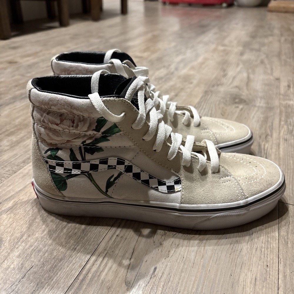 Vans Shoes Womans Sz 8.5 Hi Top Checked Rose Print Cream Suade Men‎ 7